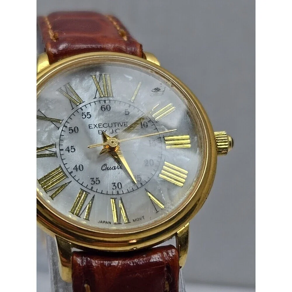 Executive By JC Ladies Quartz Watch Roman Numeral Gold Tone Leather New Battery
